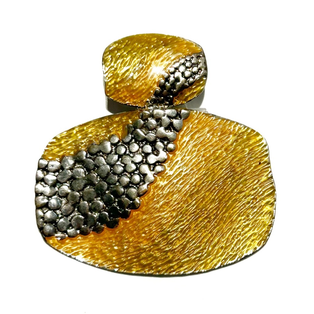 Sunny Yellow Orange and Silver Tone Statement Necklace Pendant Textured Bright